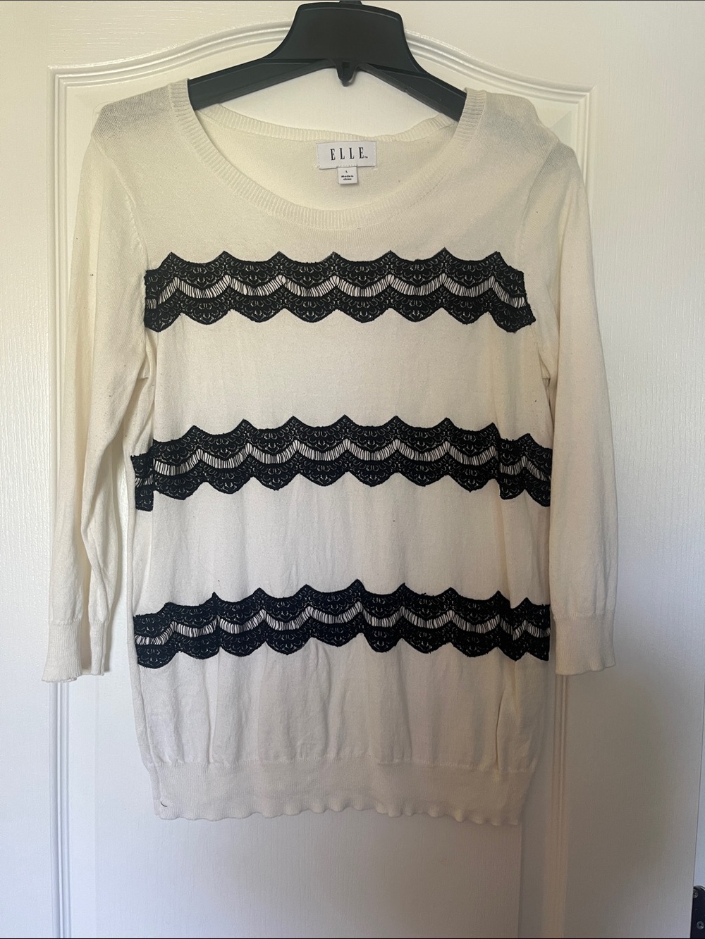 Elle Cream Pullover with Black Lace Bands